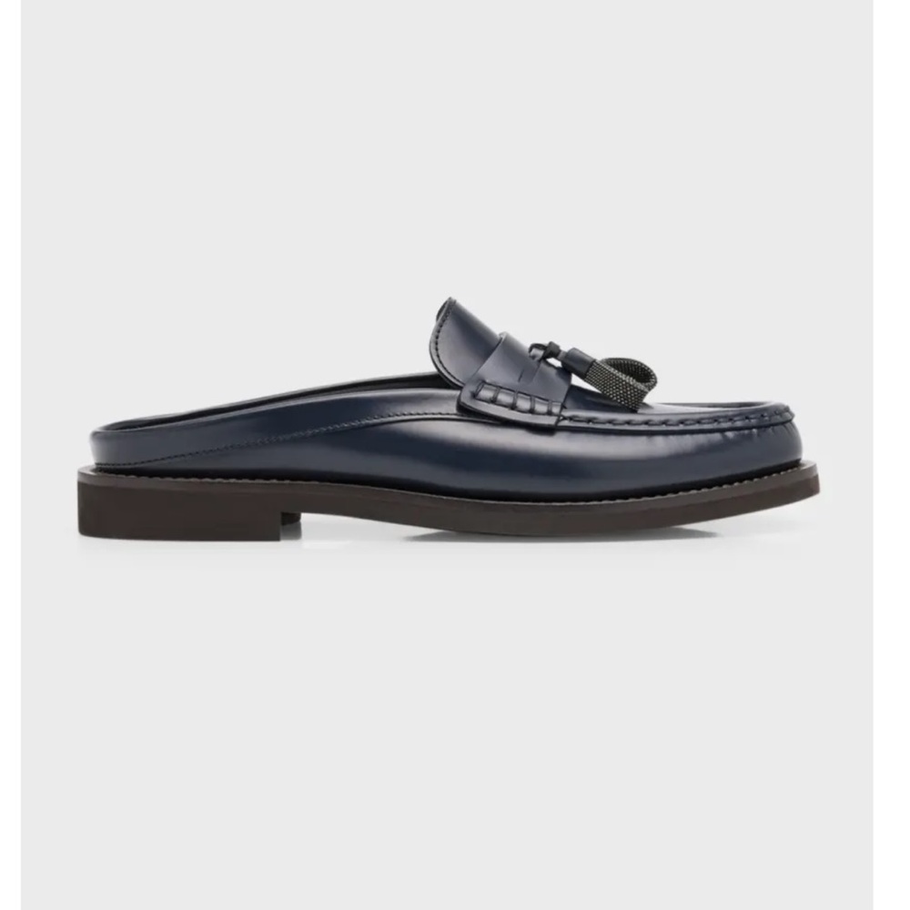 Brunello Cucinelli Leather Tassel Mule Loafers | Navy Monili | Size 39 - Picture 3 of 5